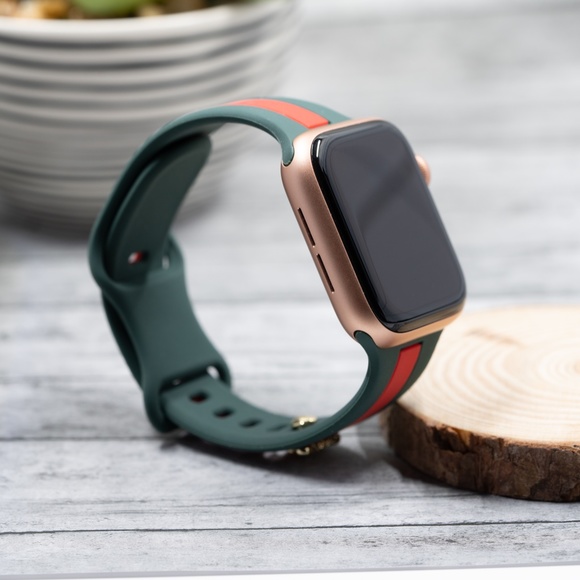 Apple Watch Band, Green and Red Stripes Silicone Strap w/ Bee Stud 40/41/44/45 - Picture 4 of 6